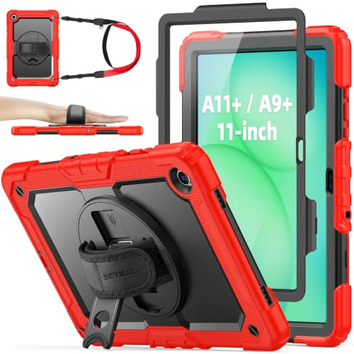SEYMAC stock Case for Samsung Galaxy Tab A11+ Plus / A9+ 11'', Red | Full Body Shockproof, with Screen Protector, 360° Rotating & Adjustable Stand/Hand Strap, Pen Holder, Shoulder Strap