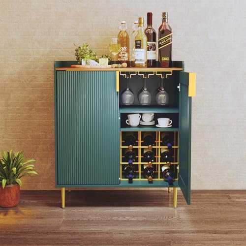 HOLTICO Weinschrank mit Weinregalen für 9 Flaschen, Barschrank Moderne Kaffeetresen-Schrank, Alkoholschrank Flaschenregal Holz, Sideboard-Buffetschrank für Küche, Esszimmer, Wohnzimmer