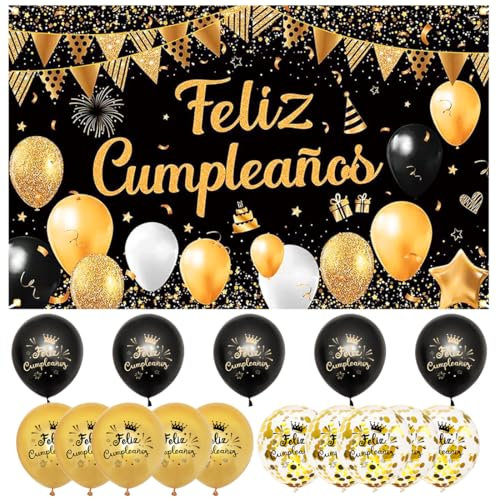 Pancarta Grande Feliz Cumpleaños +15 Pcs Globos, Decoracion Oro Negro, Fiesta de Cumpleaños Banner
