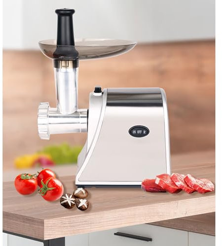 OZMDXKJ Picadora Carne Eléctrica Hogar, Picadora Multifunción Totalmente Automática Picadora Pequeña Acero Inoxidable Embutidora Salchichas para Carne, Pescado, Verduras y Comida Bebés,White
