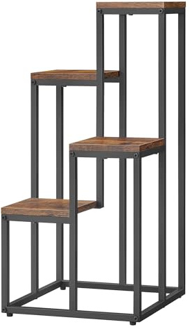 Home Collective Blumentopfregal mit 4 Ebenen in Rustikal mit schwarzen Beinen Wohnzimmer Schlafzimmer Flur oder Büro Loft-Stil Pflanzenständer mit Stahlrahmen für Stabilität vielseitig und funktional