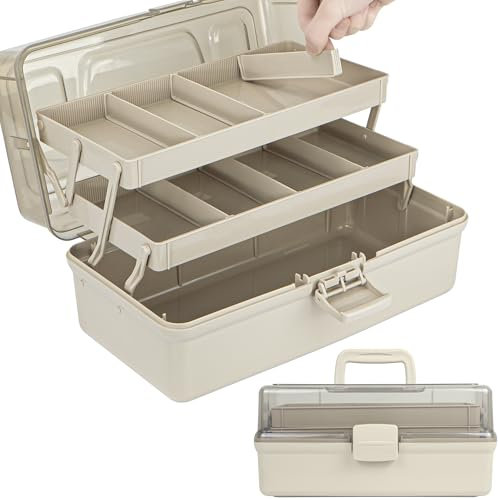 Creahaus 32cm 3-Regal Mehrzweck-Aufbewahrungsbox, Sortierbox, Organizer Box, Bastelbox, Nähkasten, Medizinkoffer, Toolbox, Angelkoffer mit 2 Regalen (Braun)