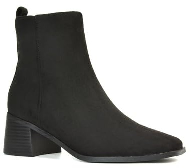 ESSEX GLAM Women's Low Heel Ankle Boots Ladies Block Heeled Square Toe Black Faux Suede Celsea Biker Booties Size 6