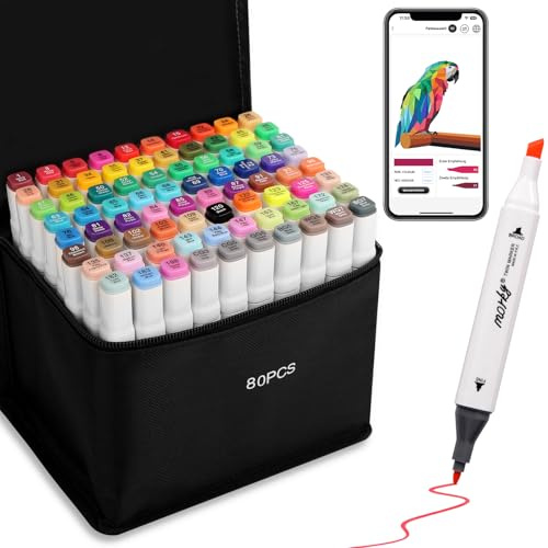 AEDAGA 80 Farben Alkohol Marker mit App, Doppelspitze Alkohol Stifte Set | Meißel & Feine Spitze | Mischbar | Ungiftig | Alkoholbasis |Farbcode | Alkoholmarker for Malerei, Zeichnen & Illustrationen