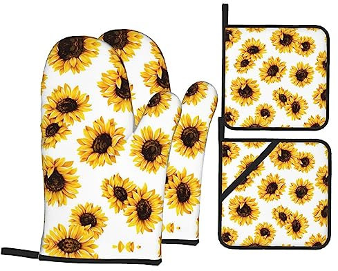 Guanti da forno con stampa di girasole e presine resistenti al calore, per cucinare e grigliare