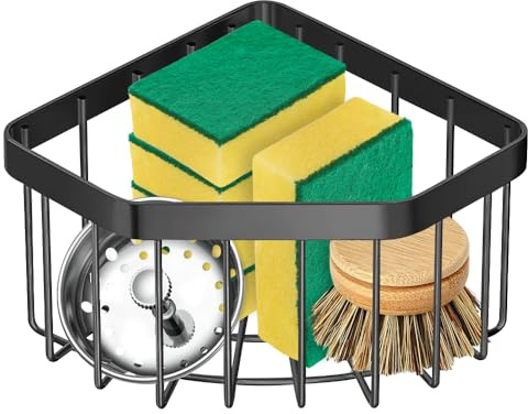 TOKPLNU Organizer per lavello da cucina, in acciaio inox, triangolare, con gancio adesivo, porta utensili per stoviglie, portaspugna autodrenante, per spugne, spazzole, sapone, nero