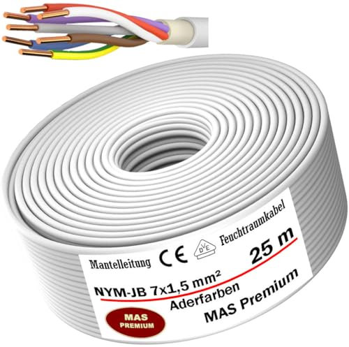 MAS Premium Feuchtraumkabel Stromkabel 5-100m Mantelleitung NYM-JZ 7x1,5 x2,5 NYM-JB 7x1,5 (Aderfarben) Elektro Strom Kabel Installationskabel OFC für feste Verlegung (NYM-JB 7x1,5, 25m)