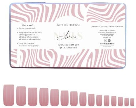 Capsules Soft Gel Premium Carré Rosewood Medium | 240 Capsules, 15 Tailles - Pose Américaine Semi-Transparente - Faux Ongles Nude Rose, Forme Square