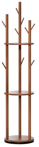 IGTOPS Klädhängare, roterande klädhängare, massivt trä med 9 krokar & 3 hyllor, 170 cm höjd, klädhängare i trädform, för hall, sovrum, kontor, mångsidigt fristående klädställ (valnöt)