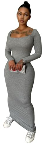 Nimsruc Sexy Crew Neck Lounge Long Dress Fitted Long Sleeve Ribbed Bodycon Maxi Dresses for Women 2025 GreyB XL