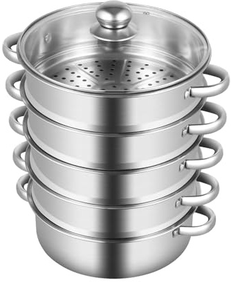 5-lagers ångkokare i rostfritt stål, ångkokare med ånginsats och glaslock, potatispassagerare ångkokare för induktionsspisar, gasspisar, elektrisk keramikspis, 26 cm, silver