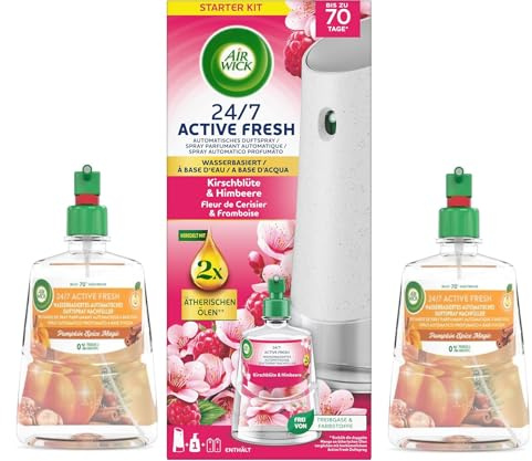 Air Wick Active Fresh Automatisches Duftspray Bundle – Automatisches Starter Set & Nachfüller – 1 x Kirschblüte & Himbeere + 2 x Pumpkin Spice Magic – Wasserbasiert, 3x 228ml
