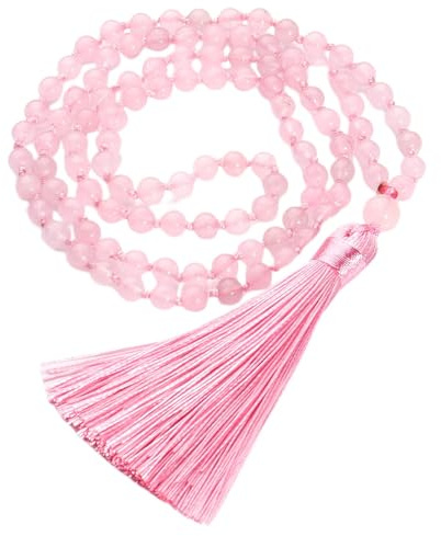 Generisch 108 Mala-Perlen-Knotenkette für Damen und Mädchen,Natürliches Rosenquarz-Armband,Lange Halskette Mit Quaste,Gebet,Spirituelle Meditation,Schmuck,Geschenke,8 Mm