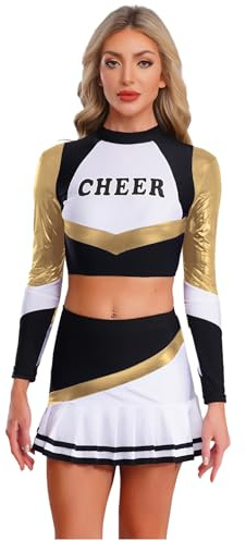 Aislor Cheer Leader kostym kvinnor halloween cheerleading uniform kläder långärmad danstopp med kjol halloween karneval kostym guld M