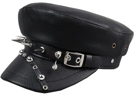OhMill Trendy Nightclub Punk Hat PU Flat Top Spiked Rivet Peaked Cap Cool Daily Casual Hat for Women Men Black