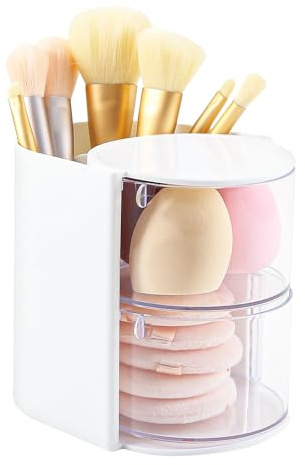 DASITON Porta pennelli da trucco a 2 strati con organizer per accessori per capelli, organizer da scrivania girevole per clip per capelli, spugna per trucco, gioielli e accessori per capelli, porta