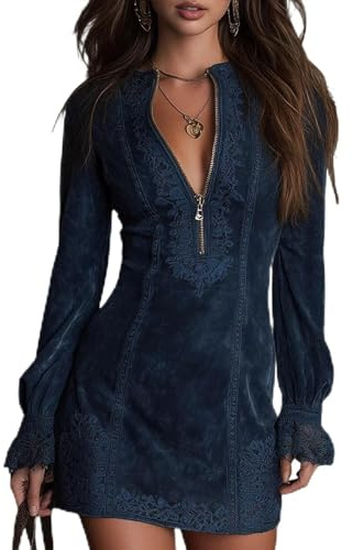 Women Long Sleeve Mini Dress Half Zip Round Neck Lace Western Cowgirl Retro Dress Sexy Bodycon Fall Fashion Outfits XS-3XL Navy