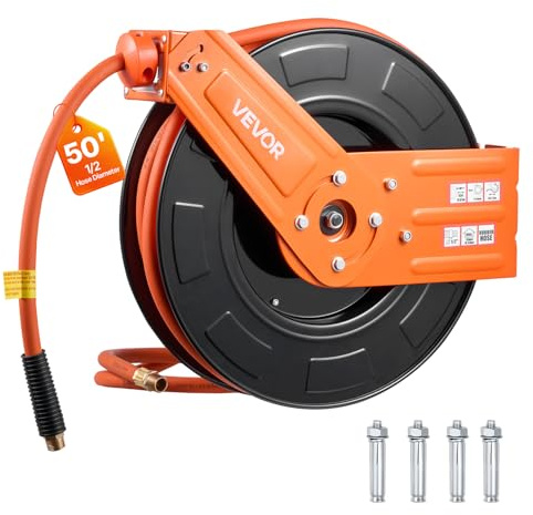 VEVOR Retractable Air Hose Reel, 1/2 Inch x 50 FT Rubber Air Hose Max 300PSI, Auto Rewind Air-Compressor Hoses Reel with 5 ft Lead in, Ceiling/Wall Mount for Garage Workshops
