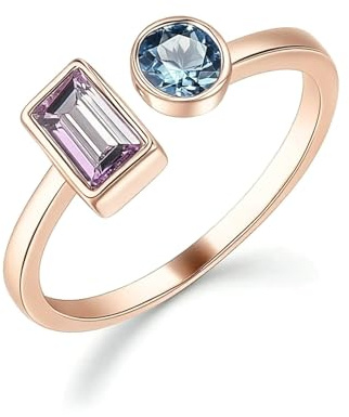 Ayoiow Toi Et Moi Vorsteckring Rosegold 585 für Damen mit Amethyst und Topas, Offen Verstellbar Hochzeitsring 14 Karat Gold Damen, 14 Karat Roségold Größe 48 (15.3)