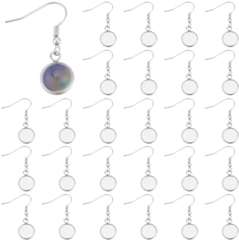 Beebeecraft 1 Box 60Pcs 304 Edelstahl Ohrring Lünette Silber Flache Runde Ohrringe Drahthaken Rohlinge Fischohr Ergebnisse Fit 10mm Cabochon Einstellungen Tabletten für Schmuck Herstellung