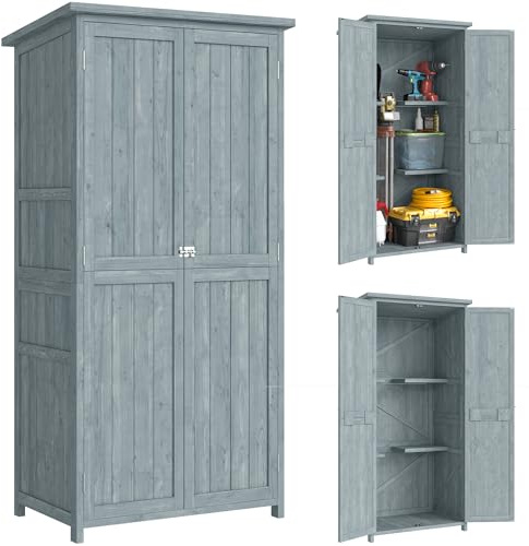 Outsunny Gartenschrank Holz Outdoor wetterfest Geräteschuppen mit Doppeltür, Magnetverschluss, Geräteschrank Aufbewahrungsschrank Mehrzweckschrank für Garten, Terrrasse 85 x 54 x 170 cm Grau