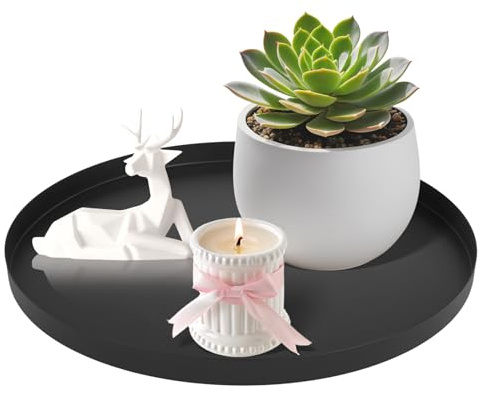 YYTECH Deko Tablett Rund, 30CM Tablett Metall Schwarz Deko, Deko Tablett Schwarz, Dekoteller Rund, Dekotablett Runds für Wohnzimmer Badezimmer Schmuck Kosmetik Vasen