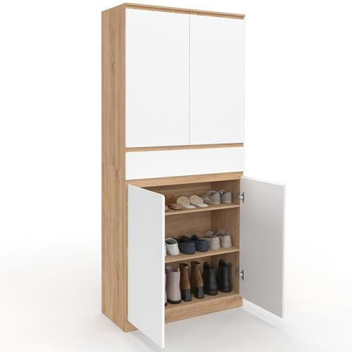 IDMarket - Armoire à Chaussures 24 Paires TOMI façon hêtre et Blanc | Avec 4 portes 1 tiroir