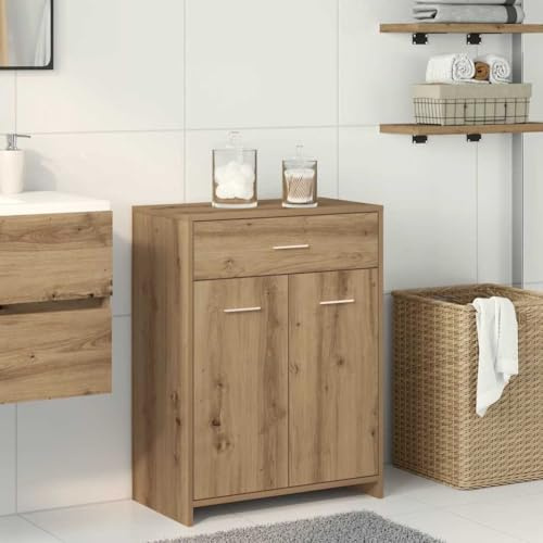 Bendmaxx Badskåp Artisan-ek 60 x 33 x 80 cm, trämaterial med låda och 2 dörrar för badrum, förvaringsutrymme och ordning
