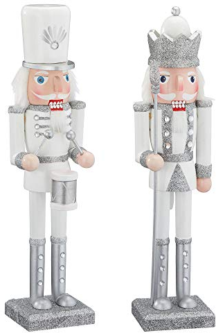 Cepewa Figurine casse-noisette en bois, composée de tambour et de roi, 38 cm, blanc et argenté, décoration de Noël, style des Monts Métallifères, concasseur à noix, 1 pièce