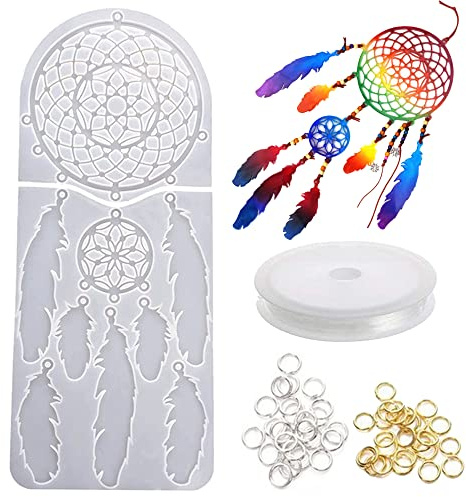 NA Woohome Traumfänger Gießform Silikonform, Groß Traumfänger Schmuck Resin Form Epoxidharz Formen mit Sprungringen, Schnur für DIY-Bastelarbeiten, Hausgemachtes Kunsthandwerk, Heimtextilien