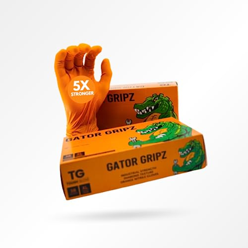 TG TOUGH GLOVE Gator Gripz Nitrile Gloves (Pack Of 50) | Diamond Texture Orange Disposable | Powder & Latex Free | Strong Heavy-Duty (M)