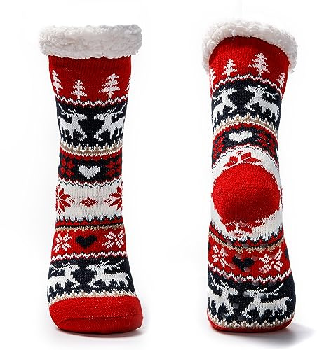 JOMIX Calze Antiscivolo Donna Felpate Lunghe Imbottite Calzettoni Natalizi Invernali Calzettoni Termici Pile Calde Calze Termiche Donna da Casa X011 (Rosso, 36_42)