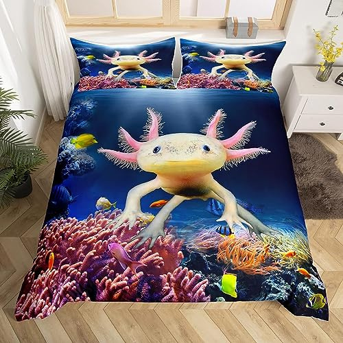 Manfei Nette Axolotl Bettbezug Set M Größe, Fisch Meeresleben Bettwäsche Set für Kinder Teens Mädchen Zimmer Dekor, Cartoon Tier Thema Tröster Abdeckung Sea Blue Quilt Cover mit 1 Kissenbezug