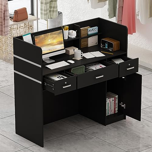 Caldion Comptoir d'accueil avec 3 Tiroirs et étagères Comptoir de Réception Bureau d'accueil avec Panneau Privé pour Salon Salle de Réception Caisse Lobby Noir 120 x 48 x 110 cm