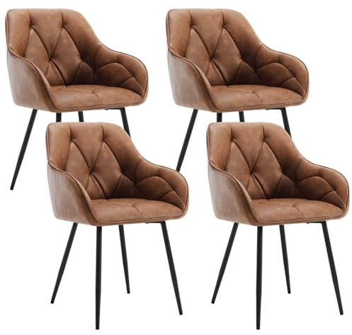 WOLTU Lot de 4 Chaises de Salle à Manger, Chaises de Cuisine Rembourrées avec Dossier, Accoudoirs, Pieds en Métal, pour Salon, Bureau, Coiffeuse, en Simili Cuir Vintage, Marron.