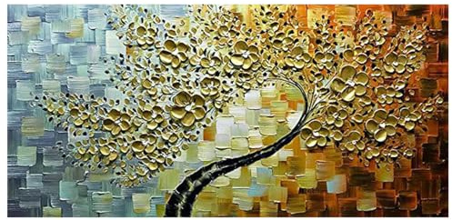 XIUWOUG Handgemalt Wandbilder,Reichtum Baum, Blumen | Gemälde Acrylbilder Auf Leinwand | bilder Schlafzimmer Moderne Abstrakte Kunst Wandbild Wohnzimmer,100x50cm(With frame)