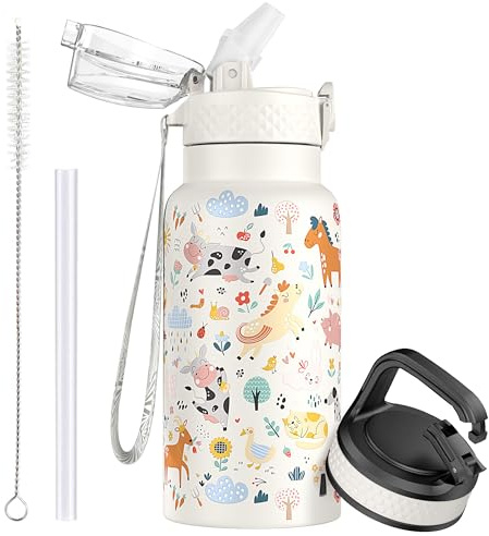 OLDLEY 500 ml/17 oz barn rostfritt stål isolerad vattenflaska med sugrör dubbelvägg metall vakuum läckagesäker återanvändbar liten flaska med 2 olika lock varma kalla drycker för pojkar flickor