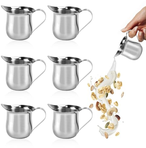SIYINGSAERY 6 Stück Milchkanne Milchkännchen Edelstahl Set 90ml Mini Kleine Sahnekännchen Edelstahl Milchgießer mit Griff für Sahne, Sauce, Salat- und Speisewürze