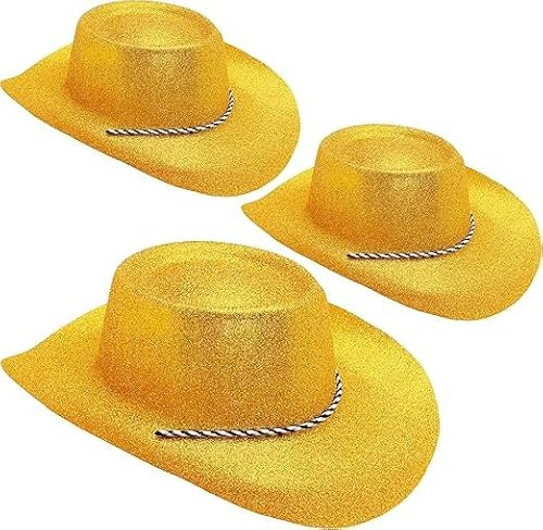 Toyland®-paket med 3-34 cm (13) Cowboyhattar i guldglitter - festivaler, konserter, kläder och tillbehör för höna - 10 tillgängliga färger