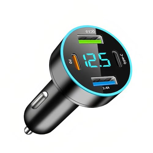 Chargeur Prise Allume Cigare USB Rapide Voiture 53W avec 4 Ports (PD&QC 3.0) Adaptateur Allume-Cigare Universel pour Voitures/SUV/Camions, Chargeur Compact avec Affichage LED de la Tension, 12V/24V
