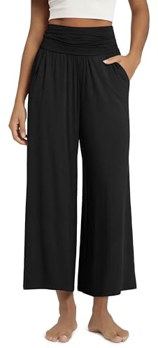 ODODOS Women's Wide Leg Palazzo Lounge Cropped Pants with Pockets Light Weight Comfy Casual Pajama Pants-24 inseam, Black, Large