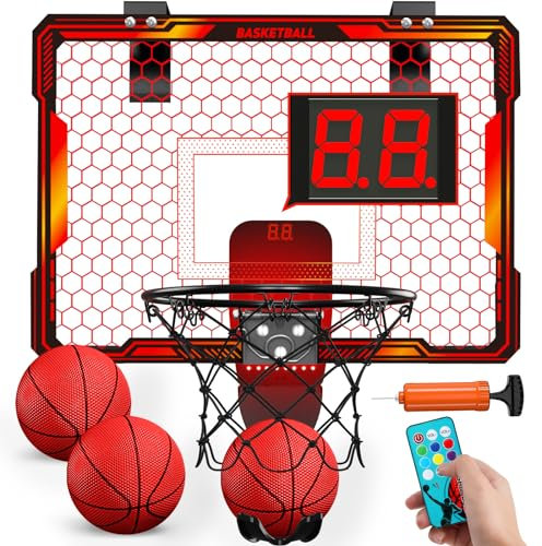 HYES Canasta de baloncesto para niños con mando a distancia, 7 luces, 3 modos, marcador electrónico, 3 bolas, bomba, aro de baloncesto para interior y exterior, juguete