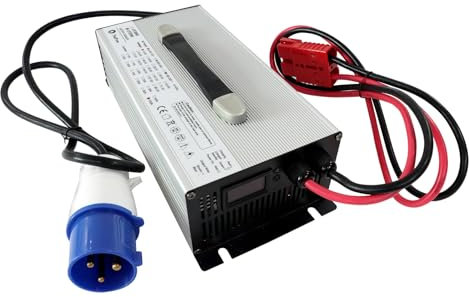 PacPow Cargador de batería LFP de 12 voltios y 100 amperios para caravanas, enchufe triangular de 3 pines, 48 V, 15 A, 2500 W con pantalla LCD, adecuado para baterías de litio de coche de golf de 12,8