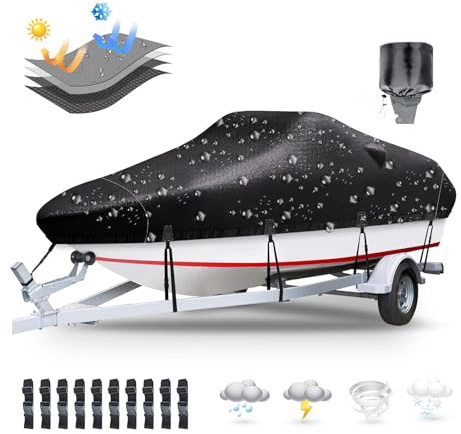 Plscoverit Boat Covers 17-19ft, Waterproof Trailerable Boat Cover, Heavy Duty 1200D Oxford UV Resistant Bass Boat Covers with Motor Cover, Fits V-Hull Tri-Hull Fish&Ski Boat, Runabout