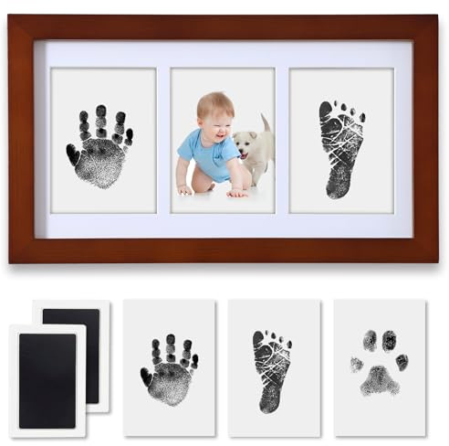 PewinGo Baby Fußabdruck Set,Baby Handabdruck mit 2 Tintenlos,Stempelkissen und Elegant Hölzern Baby Bilderrahmen-Sinnvolle Geschenke zur Neugeboren-Wlunt
