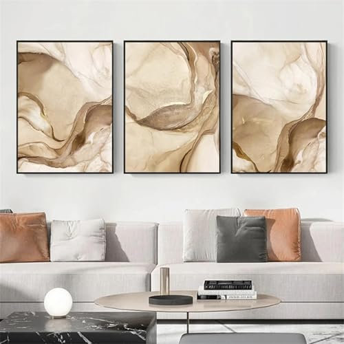 GOSRD Moderne abstrakte Beige-Braun-Gold-Marmor-Plakate, Wandkunst, Leinwandgemälde, nordischer Druck, Bilder, Wohnzimmer, Heimdekoration, 50 x 70 cm, 3 Stück, ohne Rahmen