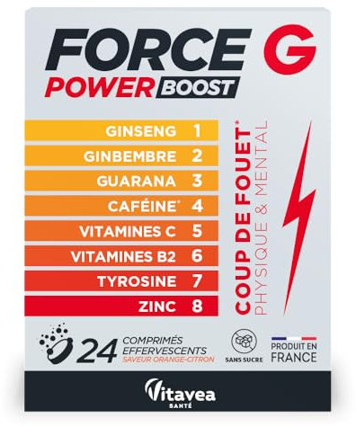Force G Power Boost - Complément alimentaire énergie - Ginseng, Gingembre, Guarana, Caféine,Vitamine C & B2, Zinc - 8 actifs renforcés - 24 comprimés effervescents - Fabriqué en France - Vitavea
