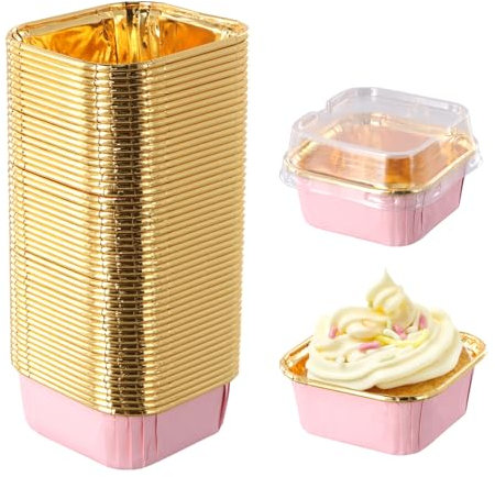 Amexo Moldes Magdalenas Papel, 50 Piezas Moldes para Cupcakes de Papel de Aluminio con Tapa, Tazas para Muffins Moldes para Hornear Cuadrados para Bodas Cumpleaños Fiestas