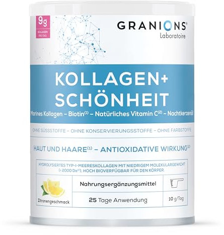 Kollagen Pulver 250g - Biotin Haare - Kollagen - Vitamin C - Hyaluronsäure - Schönheit Haut - Hohe Assimilation, Marine kollagen Geschmack Zitrone - Alternative kollagen kapseln - Granions