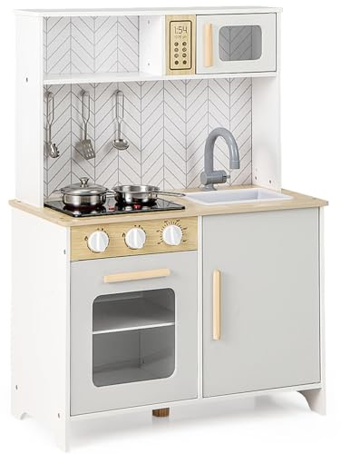 GYMAX Kids Play Kitchen, Wooden Toy Kitchen with Lights, Sounds, Oven, Microwave, Sink and Utensils, Children Cooking Role Playset for 3+ Years Old (White) | Lights, Sounds, Oven, Microwave, Sink and Utensils, Children Cooking Role Playset for 3+ Years Old